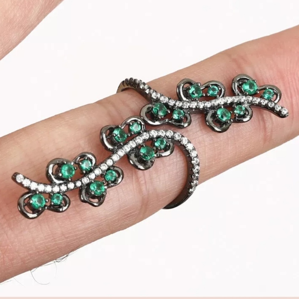 Emerald & topaz Sterling & Rhodium vine ring Sz7 Adjustable